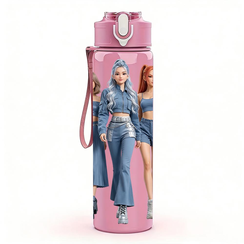 1PC Three Denim Outfit Ladies 750ml Color Plastic Sports Water Bottle Leakproof Flip Straw Lid Suitable for Sports Office Home Use