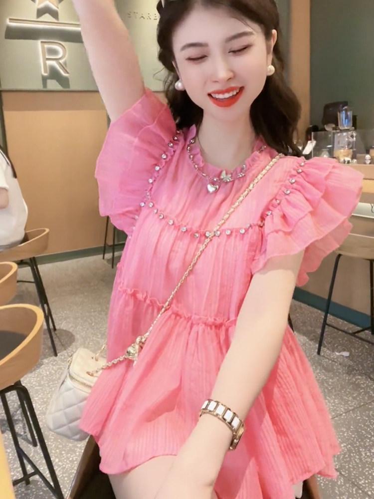 Women s Summer Puff Sleeve Rhinestone Doll Shirt - French Style Medium розовый