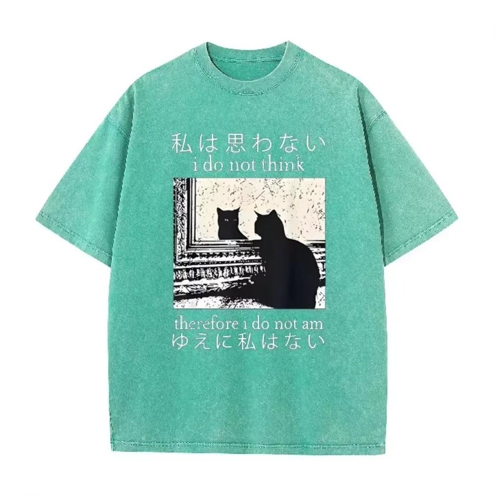 Japanisches Zitat Spiegel Katze Grafik Vintage Waschung Übergröße Schwarzes T-Shirt Dark Academia Katzenliebhaber Street Top