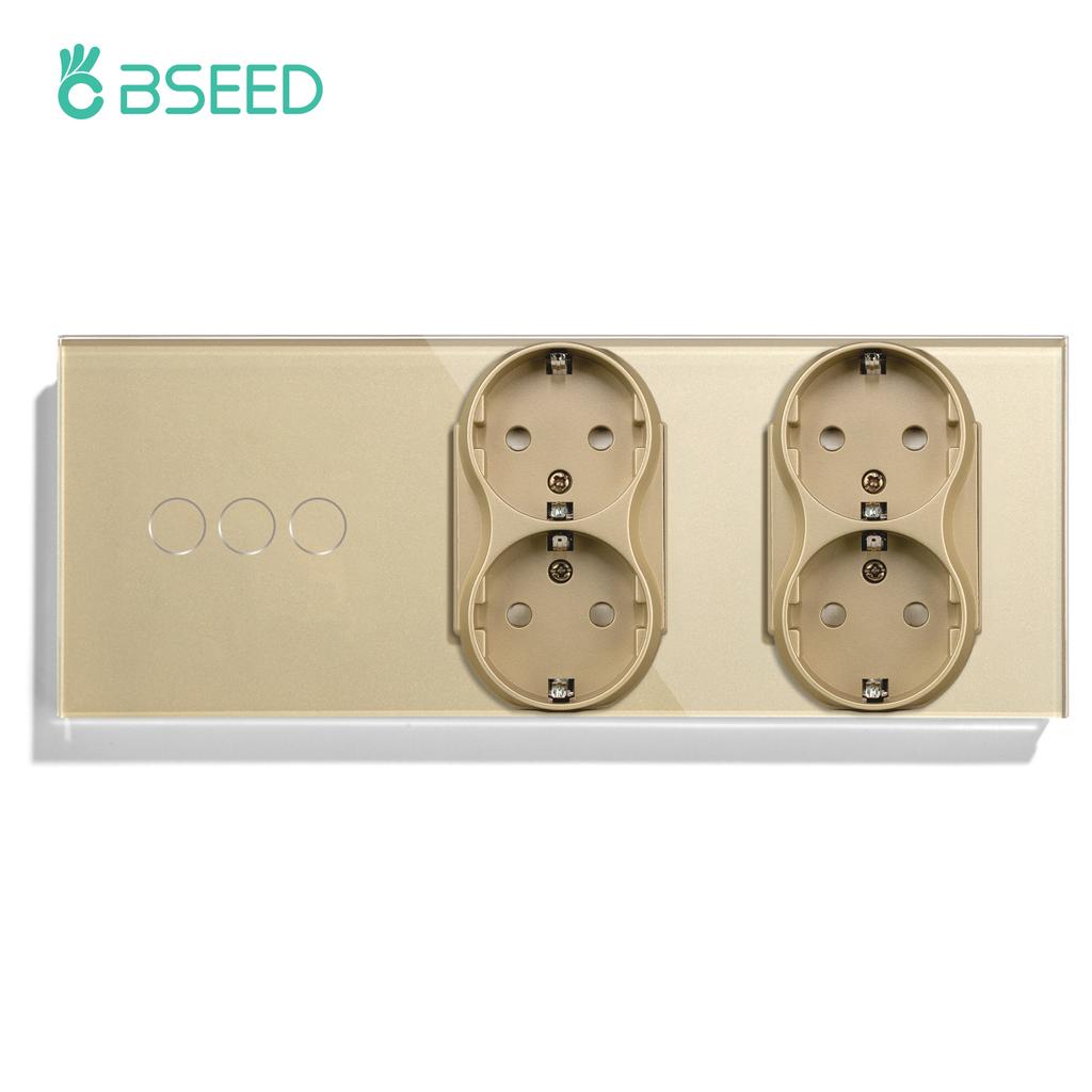 BSEED 1/2/3Gang Touch Light Switches 1Way With Dual Wall Sockets EU Standard Blue Backlight Glass Panel Gold