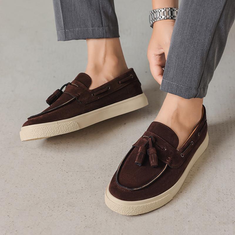 Brand Khaki Suede Men's Loafers Tassel Fashion Leather Casual Shoes For Man Autumn Lightweight Flats Slip-on Shoes Man Moccasins