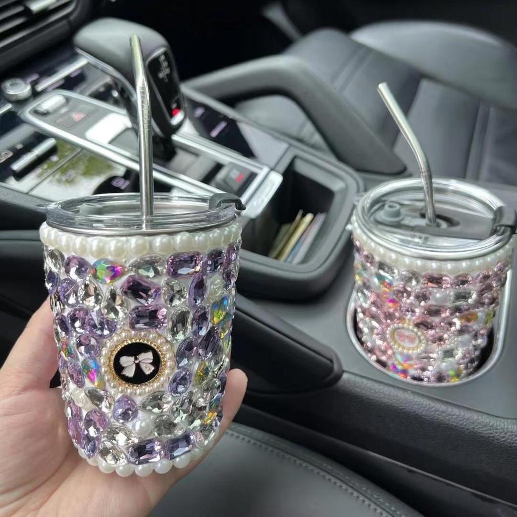 Rhinestone 304 Stainless Steel Straw Cup, 300-500ml Insulated Coffee Mug, Sparkling Diamond Water Bottle for Women