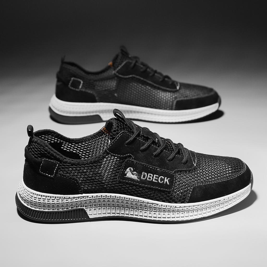 Spring and Summer New Top Layer Leather Board Shoes Breathable Mesh Surface Shoes Hollow Out Outdoor Casual Shoes Plus Size Men