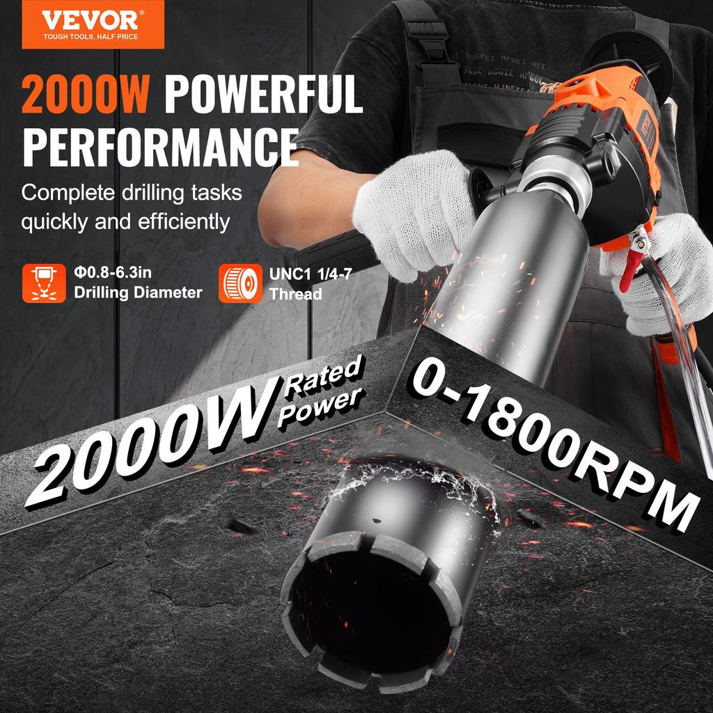 VEVOR Core Drill Machine 2.03-16 cm Dia 2000W Handheld Core Drill Rig for Mixing