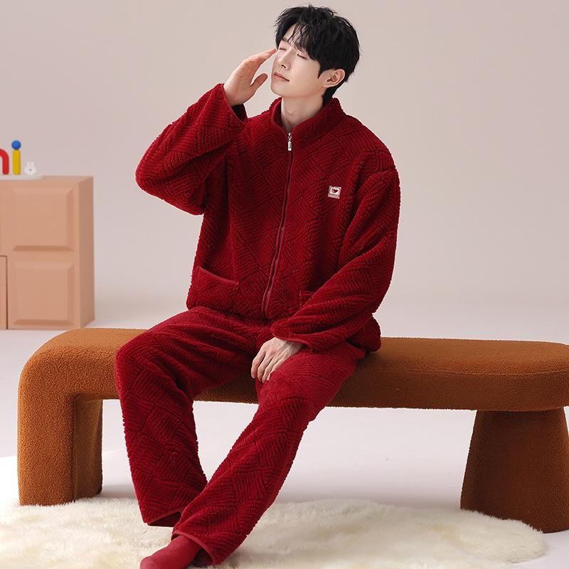 Red Pajamas Women'S Autumn And Winter Flannel Coral Fleece Pajamas Men'S Festive Wedding Couple New Set