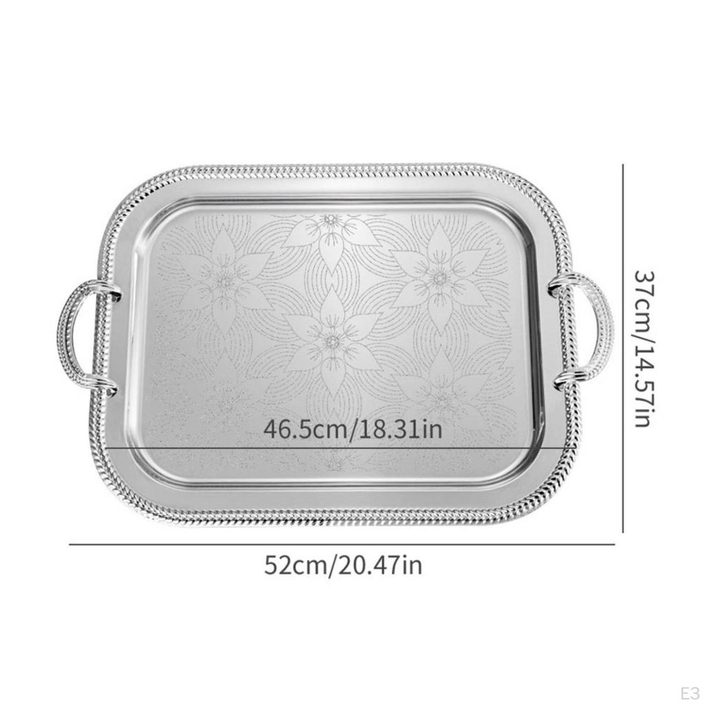 Silver-Toned Serving Tray with Handles Engraved Metal Decorative
