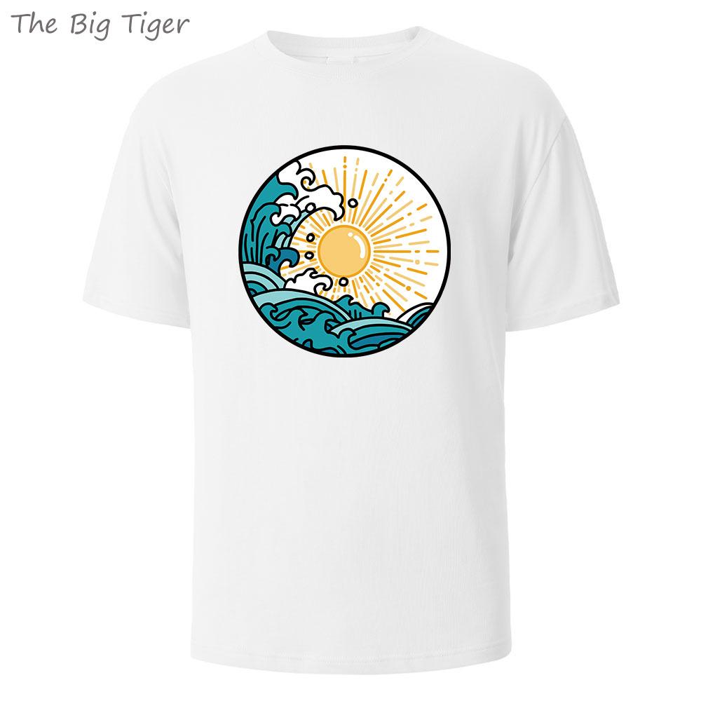 

Sun And Wave Printed Breathable Cotton Round Neck Tee Minimalist Design Lightweight Fabric Unisex Basic Mens Tshirt Top S