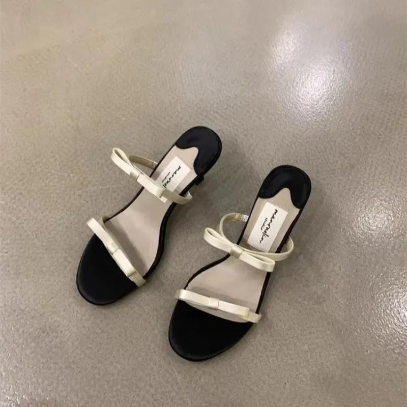 Fashion Shoes Female 2025 Modern Women's Slippers Brand Dress Slippers Women Bow Tie Round Toe Med Thin Heels Plus Size Women's Sandals