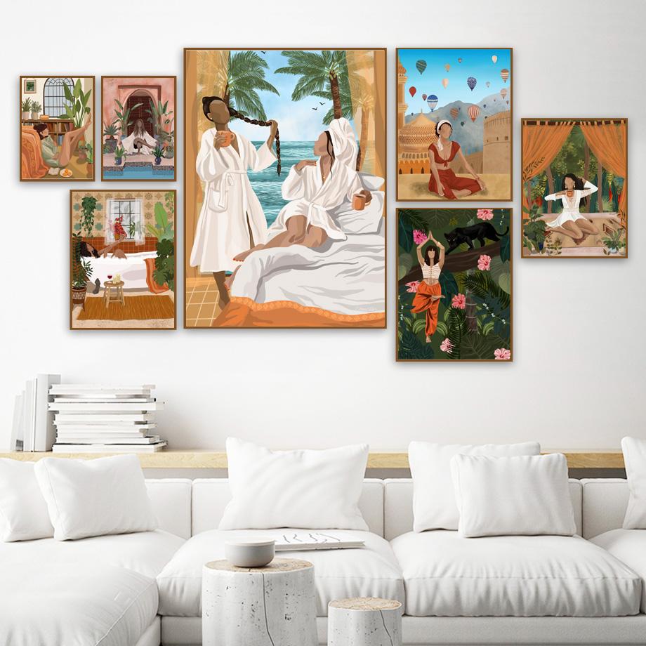 Abstrakcyjna moda dziewczyna czytająca joga odpoczynek liść palmowy plakat skandynawski ścienny drukowany obraz na płótnie malarstwo dekoracyjne zdjęcia do salonu