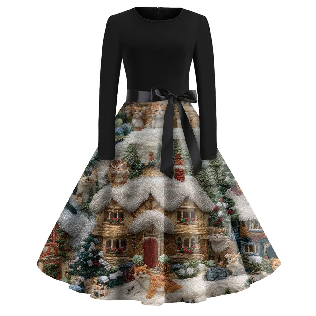 Damenmode Rundhals-Kleid mit schmaler Passform und Weihnachtsmuster, langen Ärmeln