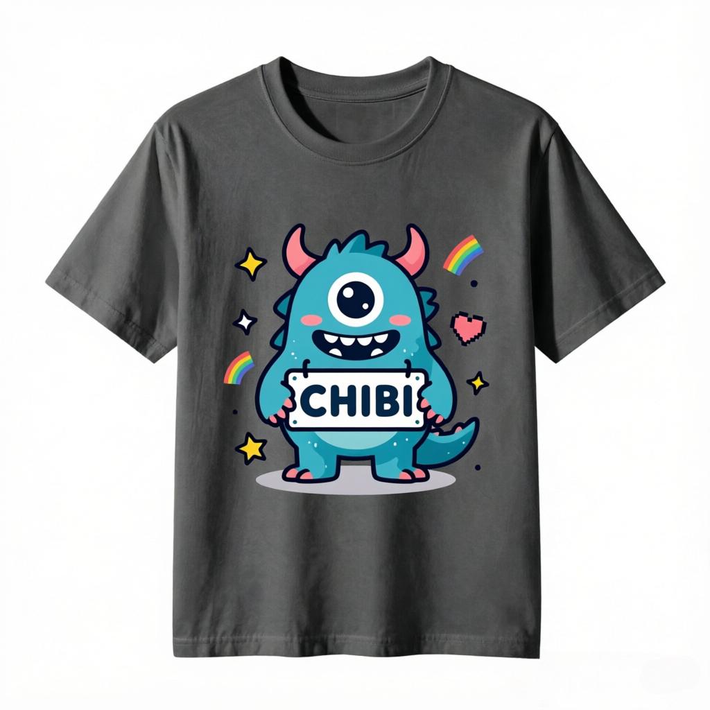 Unisexs Kawaii Chibi Blue Little Monster With Chibi Sign Print T Shirt Harajuku Casual Tee Unisex Summer Cotton Short Sleeve Tops