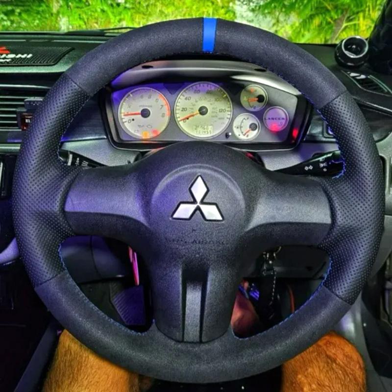 Til Mitsubishi Colt Lancer GLX 2004-2011 DIY Blå Striber Sort Perforeret Læder Fuld Dækning Bilrat Dæksel