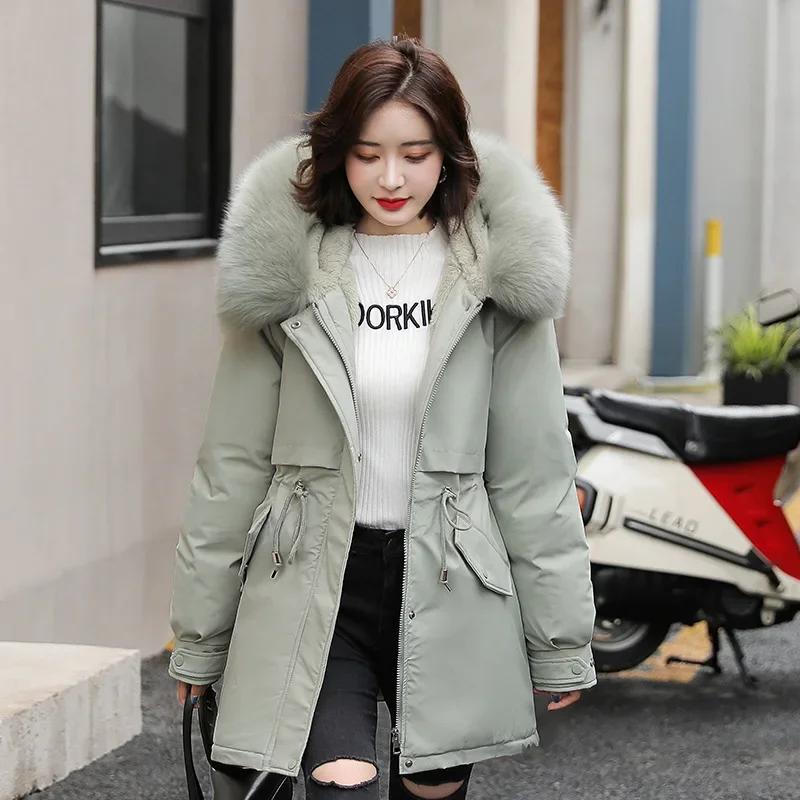 Women Parka Fashion Winter Jacket Slim with Fur Collar Warm Snow Wear Padded Clothes Long Coat Wool Liner Hooded Parkas