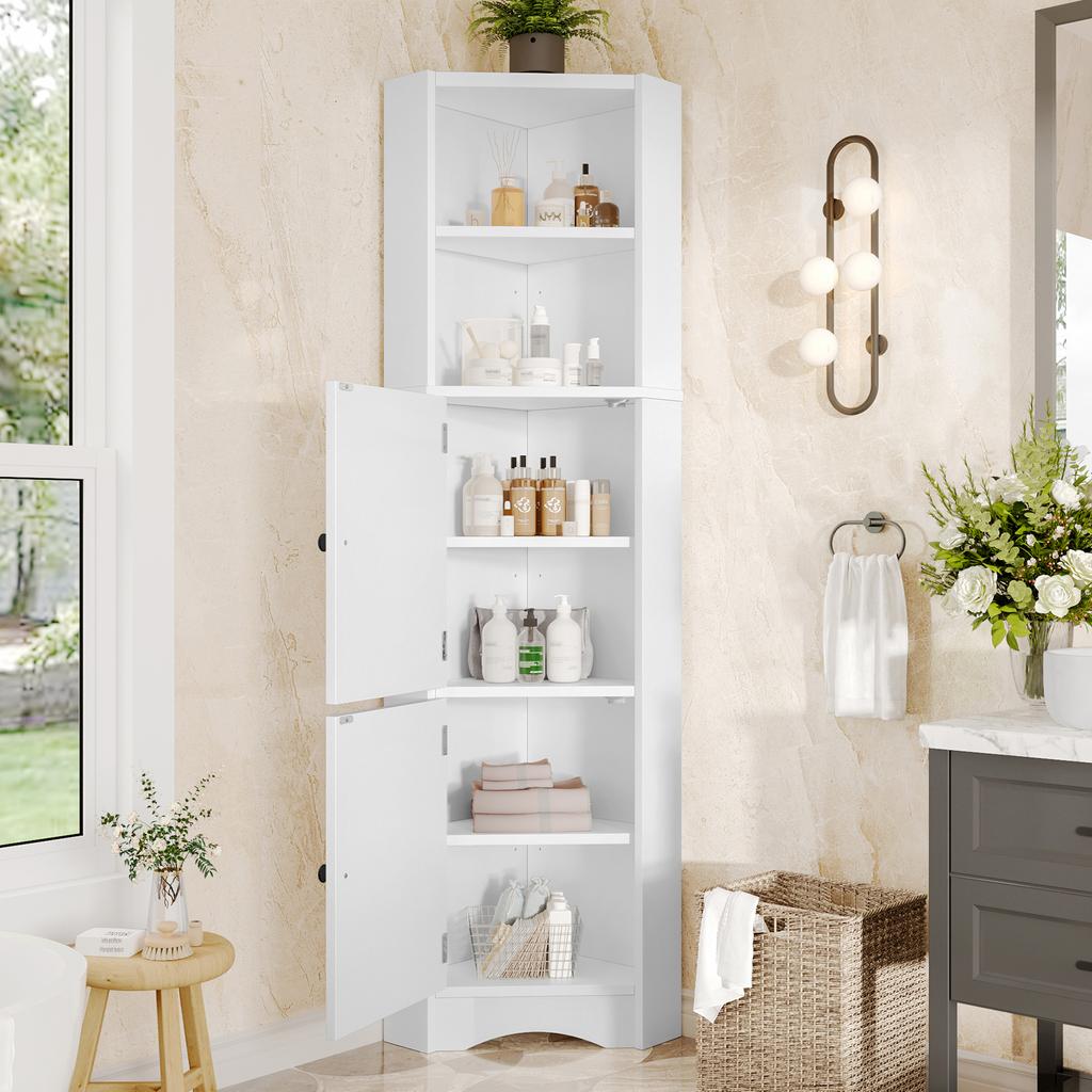 Dreieckiger Badezimmerschrank, Vollständig lackiert, Zwei offene Regalfächer, Zwei Schranktüren, Verstellbare Einlegeböden, Einfache Form, Weiß