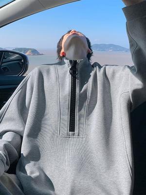 Sudadera con media cremallera de peso pesado deconstruida para hombre - Tendencia Otoño/Invierno, Pulóver Casual de Diseño de Nicho Holgado