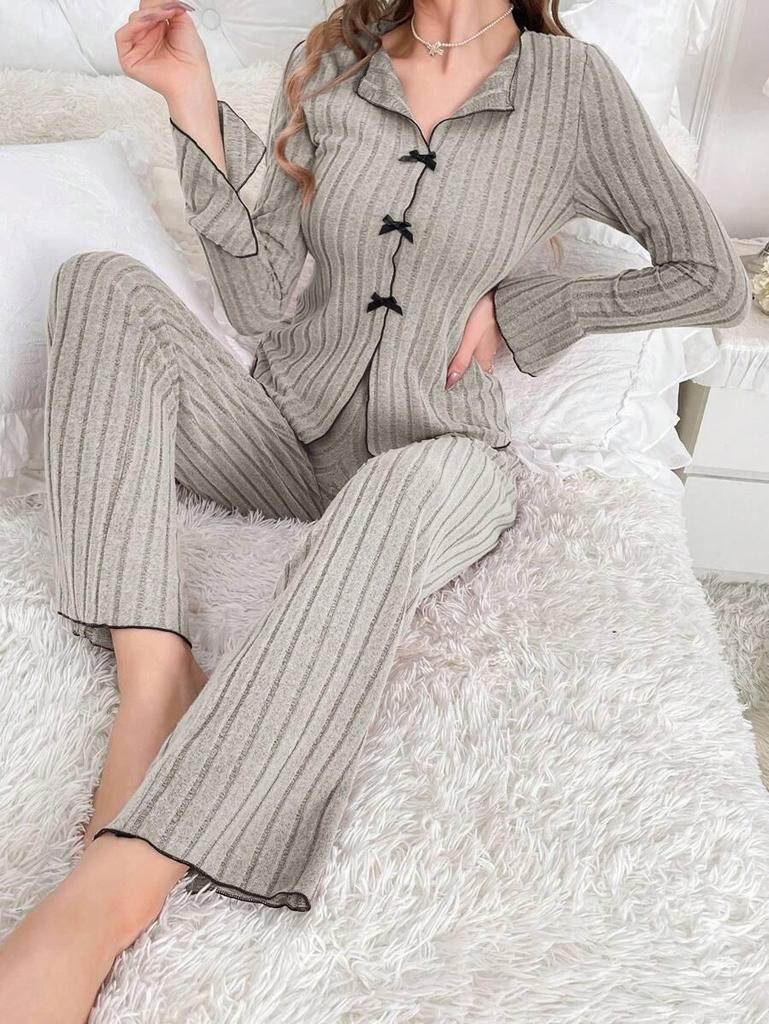 European & American Bow Lapel Pajama Set - Long Sleeve & Pants Casual Women's Homewear
