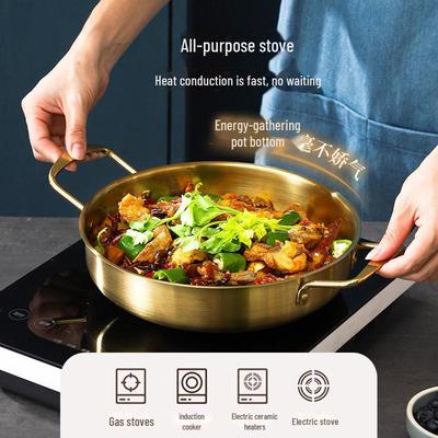Koreanischer Hot Pot aus 0,8 mm dickem Edelstahl: Goldener flacher Boden für Meeresfrüchte, Eintopf und Gemüse mit Doppelohr-Design.