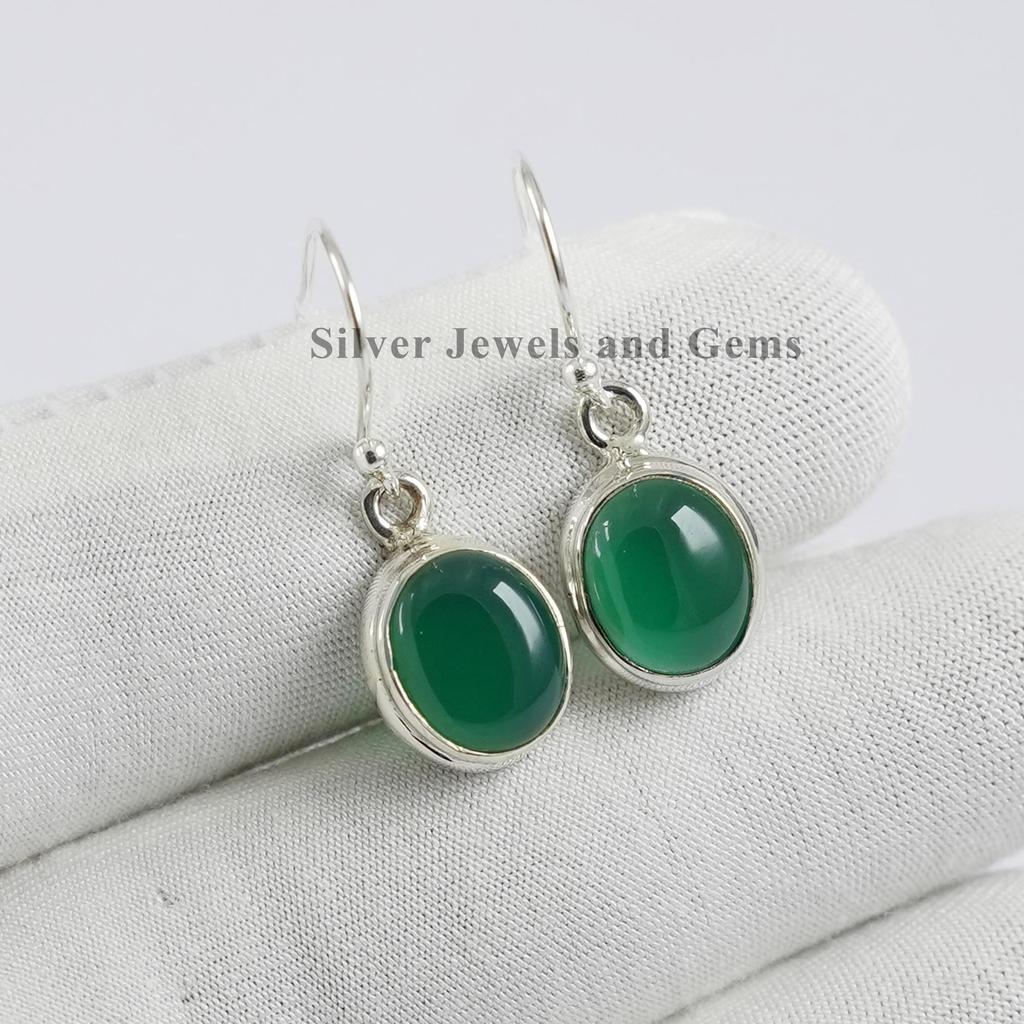 Green Onyx Earrings: Handmade 925 Sterling Silver Dainty Oval Gemstone