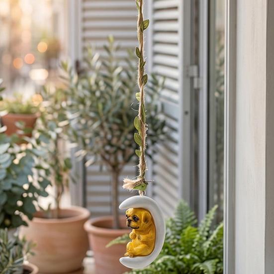 Resin Moon Dog Ornament Cute Dog on Crescent Hanging Decoration with Hemp Rope for Indoor Outdoor Backyard Patio Home Decor