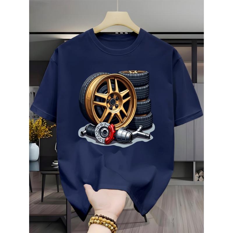 T-shirt décontracté à manches courtes et col rond avec imprimé pièces de frein de roue de voiture, T-shirt à col rond micro-extensible