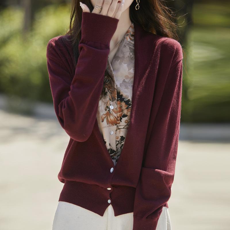 Women's Autumn Patchwork Knit Wool Cardigan - V-Neck Sweater Coat