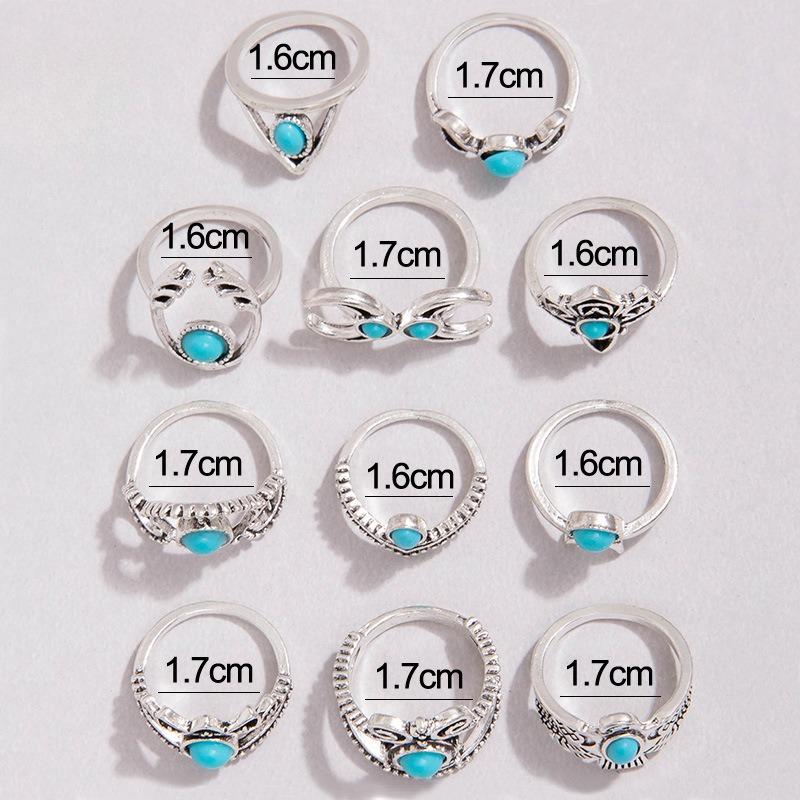 European and American Ethnic Style Carved Feather turquoise Ring Retro Personality Ring Set Combination Ring Set