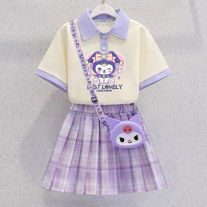 Kuromi Girls' Summer Cartoon JK Skirt Set - Short Sleeve Dress for Middle and Big Kids
