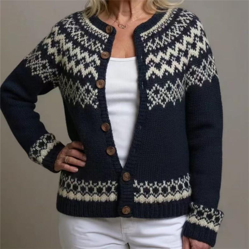 Womens Color Block Knit Cardigan Loose Fit Long Sleeve Geometric Casual Commute Style