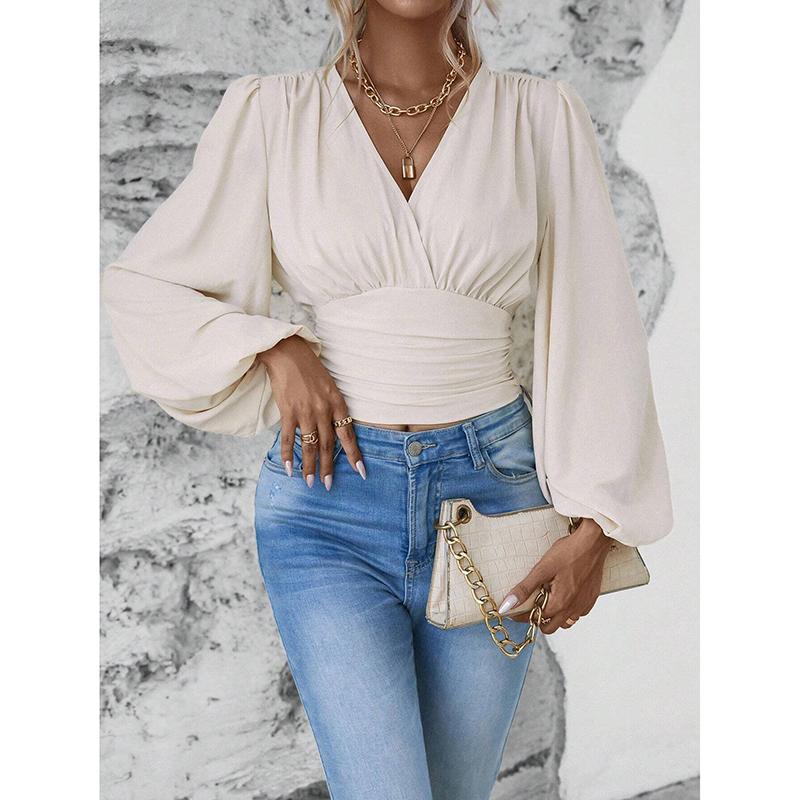 Wiosna Jesień Casualowy Damski Top Modny Kolekcja Talii Seksowny Dekolt V Rękaw Torba Jednolity Kolor Zmarszczony Top z Długim Rękawem