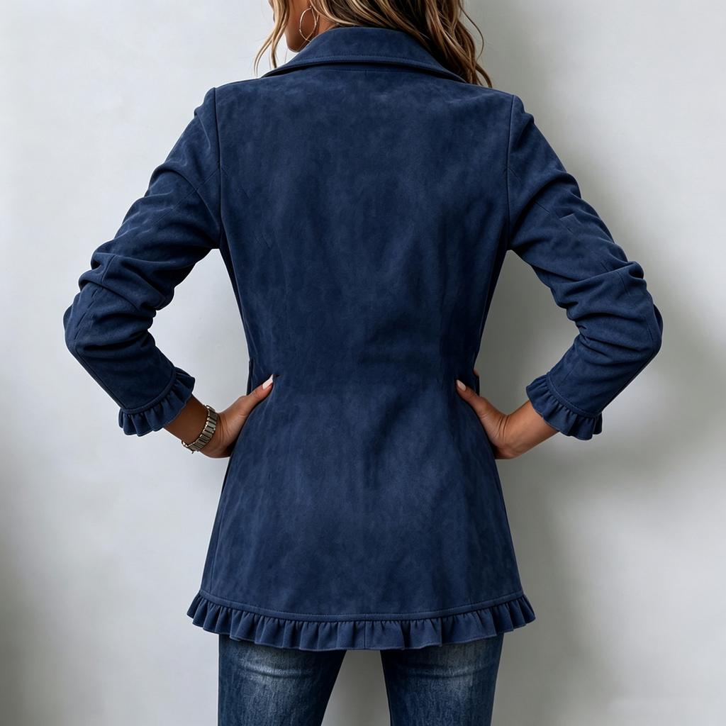 Women's Cropped Jacket Double-Breasted Lapel Collar Ruffle Hem Coat for Casual Wear