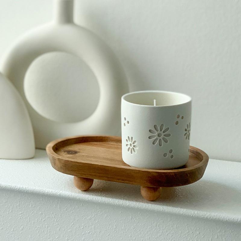 Versatile Wooden Tray for Aromatherapy, Key Storage & More - Oval Design with Candle Holder and Flower Pot Base