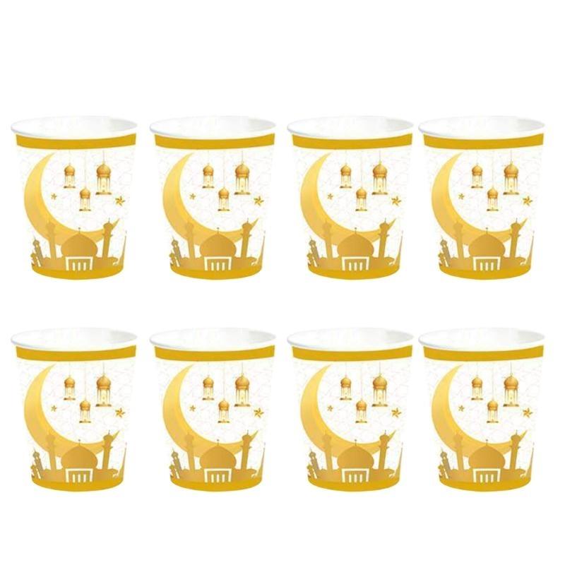 652F Disposable Mubarak Plates,Napkins,Cups,Fork for Eid,Islamic Holiday Decorations EidMubarak Tableware Set