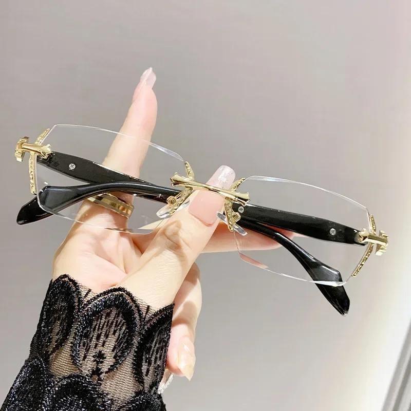 Diamond Cutting Reading Glasses Anti Blue Light Rimless Computer Far Sight Eyeglasses Men's Finished Prescription Eyewear