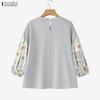 ZANZEA Women Print Splice 3/4 Sleeve Loose Casual O-neck Blouse
