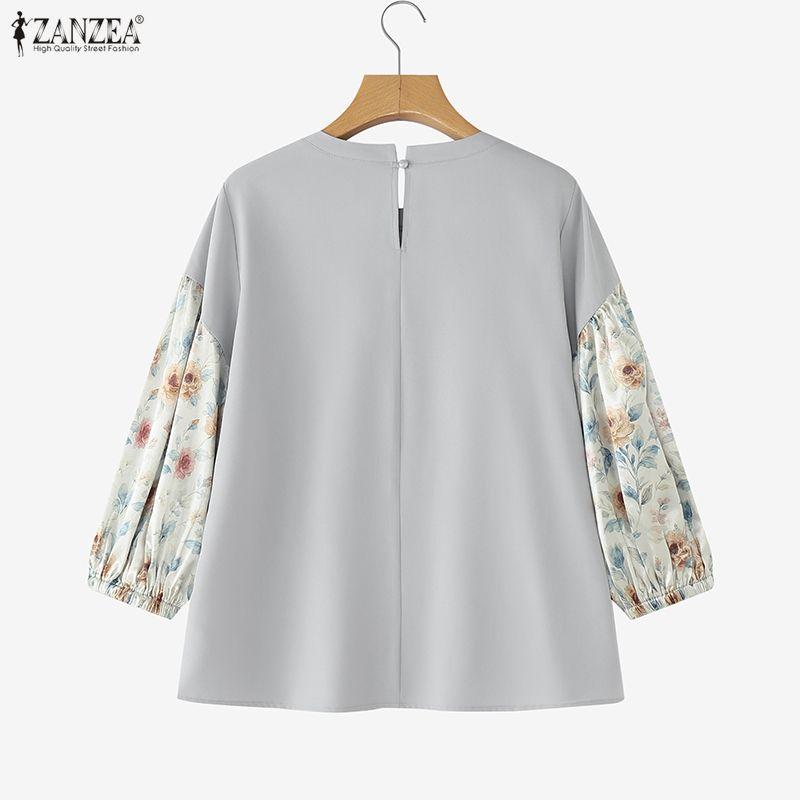 ZANZEA Women Print Splice 3/4 Sleeve Loose Casual O-neck Blouse