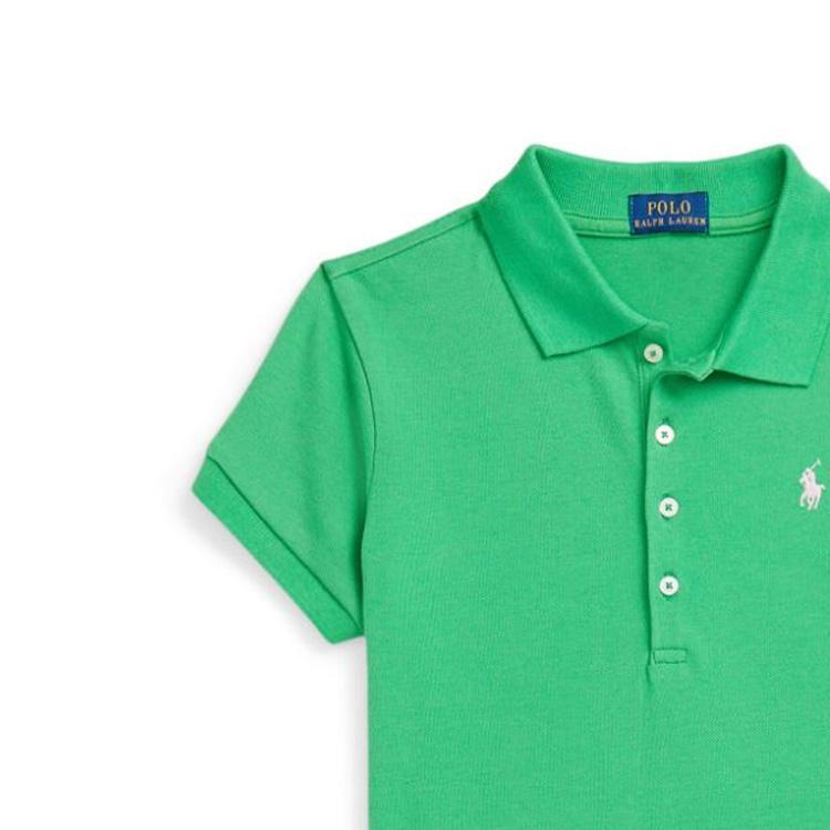 Polo Ralph Lauren Kids Šaty Ss24 Jednobarevné Logo Výšivka Polokošile Límec Krátký Rukáv Dětské Šaty Zelená 313698754-081