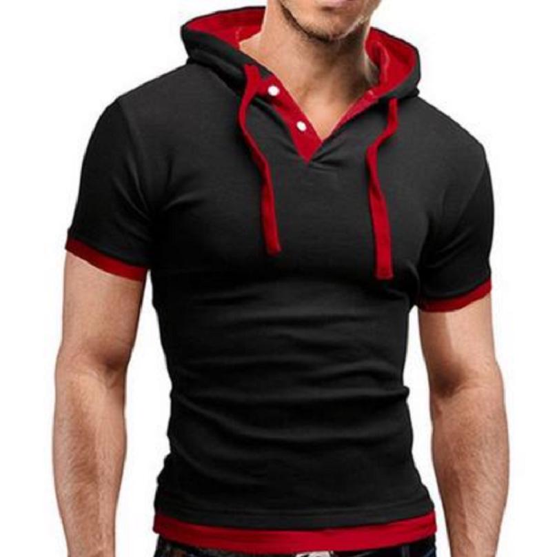 Letní pánská móda Slim Fit Topy s krátkým rukávem Jednobarevné Svalnaté tričko s kapucí