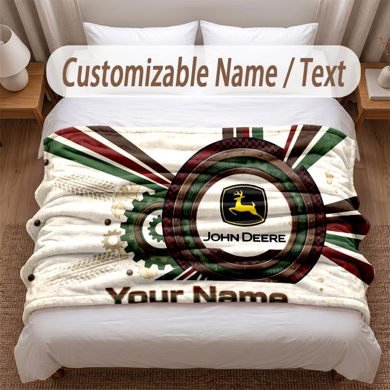 John Deere Printed Flannel Blanket Custom Name Text Soft Warm Throw For Bedroom Holiday Gift