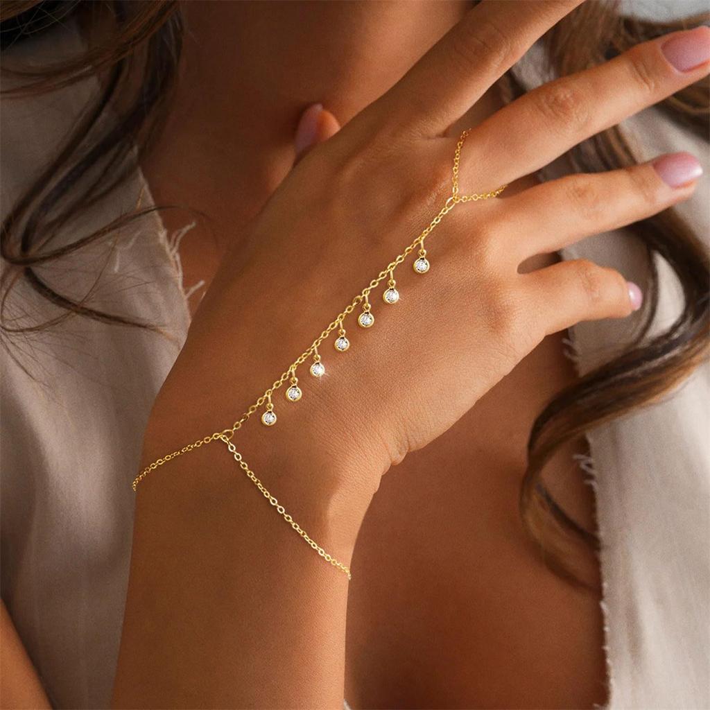 Shiny Zircon Tassel Finger Bracelets for Women Simple Gold Color Geometric Ring Link Bracelets Aesthetic Party Jewelry Gifts