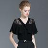 Black Lace Tops Ladies Summer Temperament V-neck Ruffle Chiffon Shirt Short-sleeved Slim T-shirt Niche Chic Peplum Temperament Temperament T-shirt