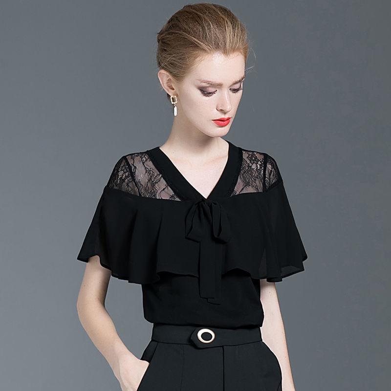 Black Lace Tops Ladies Summer Temperament V-neck Ruffle Chiffon Shirt Short-sleeved Slim T-shirt Niche Chic Peplum Temperament Temperament T-shirt