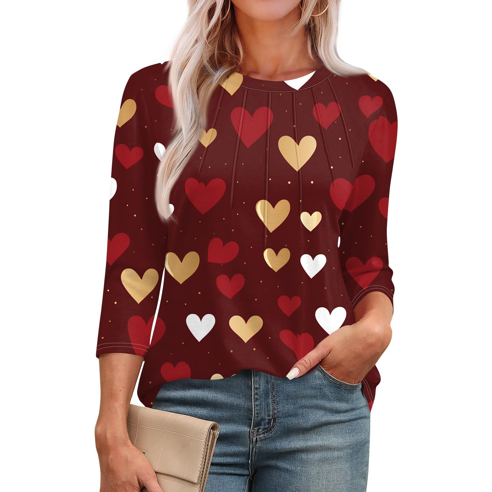 

Женская модная футболка с круглым вырезом и рукавом 3/4 с принтом, повседневная, базовая, плиссированная, пуловер XXXL винный