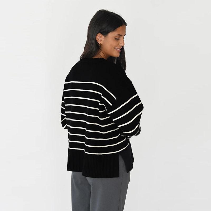 Europe, America, Autumn and Winter New Products, Split Hem Striped Knitted Sweater Top, Round Neck Loose Sweater Women's Clothing