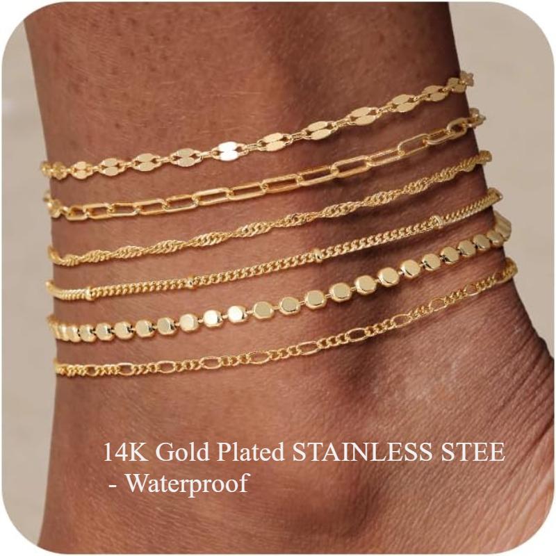 Waterproof Ankle Bracelets for Women Girls, 14K Gold Plated STAINLESS STEE/Alloy 6PCS Anklets Set Dainty Summer Beach Jewelry