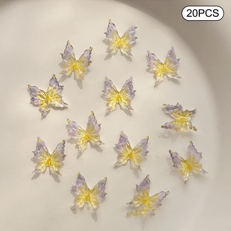20Pcs Ice Through Temperature Softening Butterfly Nail Accessory 3D Gradient Color Butterfly Wearing Nail Resin Drill Decoration