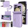 Fashion Leather Phone Case for Samsung Galaxy Z Flip 5 4 3 5G with Long Lanyard Wallet Card Slot Silicone Protect Cover