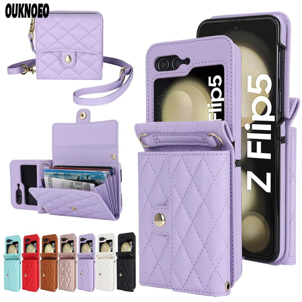 Fashion Leather Phone Case for Samsung Galaxy Z Flip 5 4 3 5G with Long Lanyard Wallet Card Slot Silicone Protect Cover