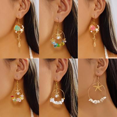 Asymmetrical Starfish Shell Colorful Gravel Large Circle Earrings, Summer Dopamine Sweet Vacation Wind Beach Earrings