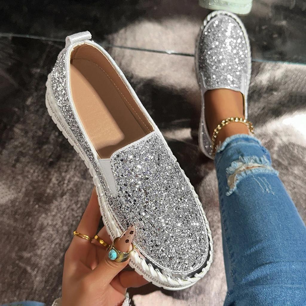 Women's Rhinestone Flats Comfort Thick Sole Slip on Casual Shoes Woman Fashion Gold Silver Glitter Platform Loafers