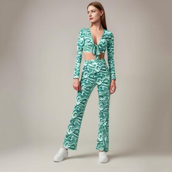 3 Pcs/Set Women Stage Performance Suit V Neck Lace-up Long Sleeves Cropped Top High Waist Flared Hem Trousers Printed Headband Retro Disco Party